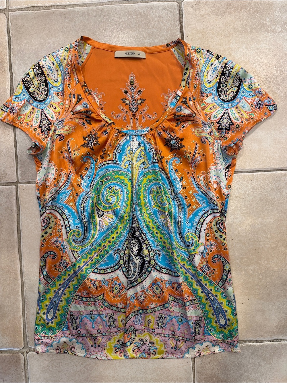 Etro Orange Multicolor Paisley Short-Sleeve Scoop Neck Top